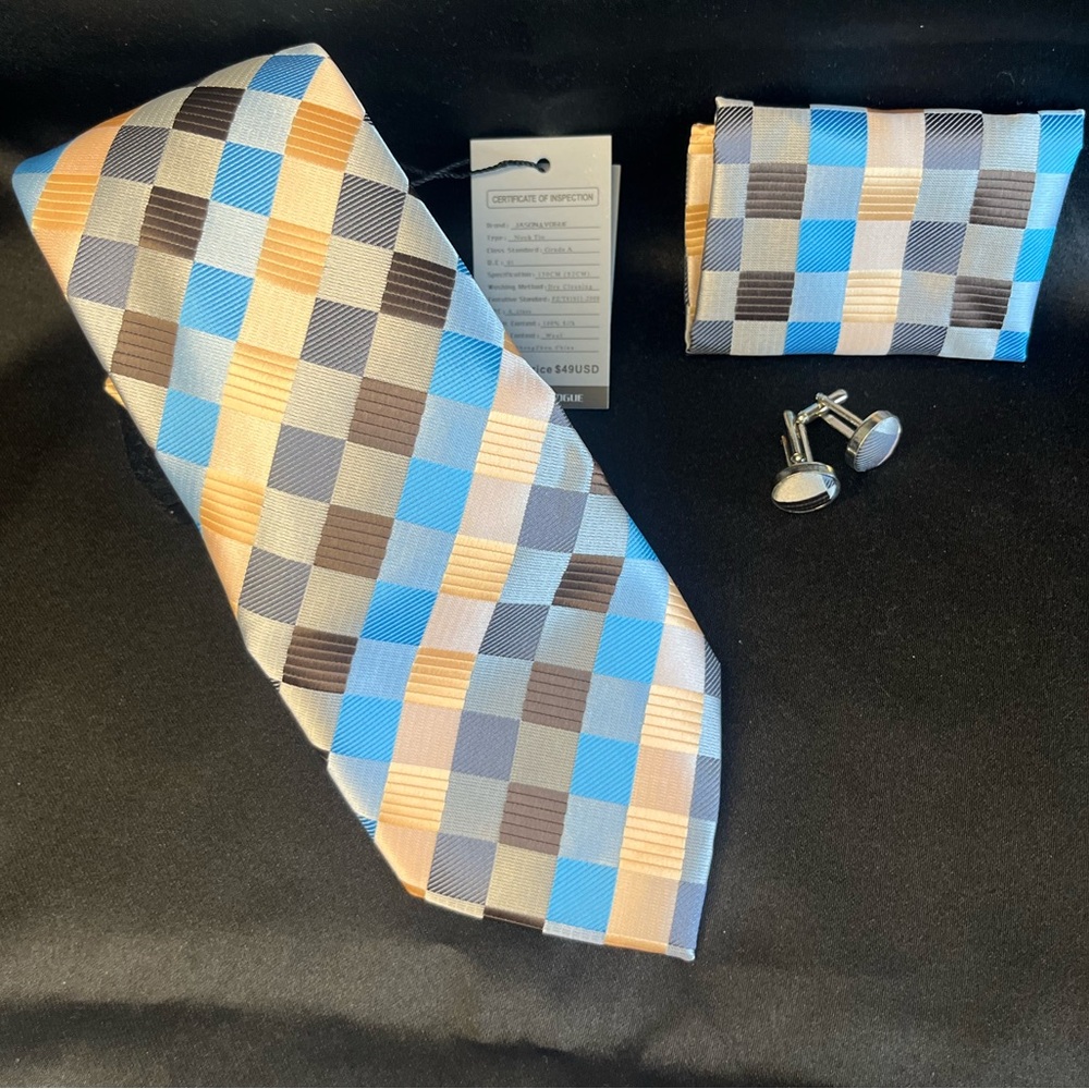 NWT-Silk Checkered Tie Set in Blue, Gray, and Gold